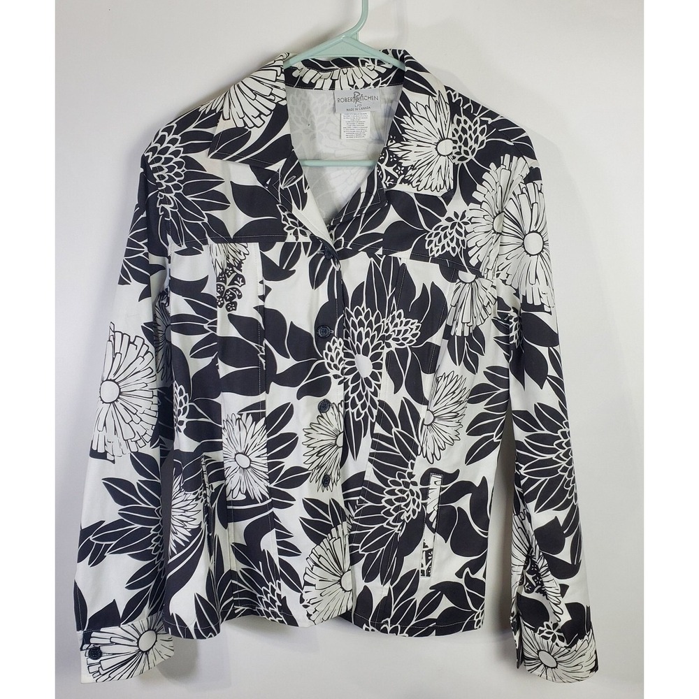 Robert Kitchen Jacket Womens Large Black White Sunflower Floral All over Print